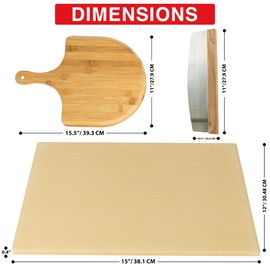 15 x 12 Inch Rectangular Cordierite Pizza Stone for Grill and Oven, with Wooden Peel and Cutter - Deluxe
