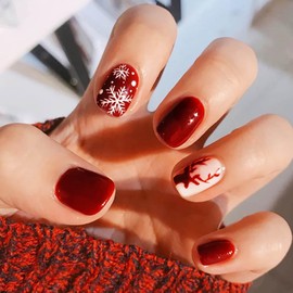 ACEDRE Red Christmas Press on Nails Snowflakes Short Fake Nails Full Cover Fake Nail Decoration for Women(24PCS)