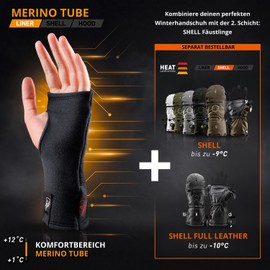 THE HEAT COMPANY - Merino Tube - Fingerless Merino Gloves - Premium Quality - Pulse Warmer for Men and Women - Gloves without Fingertips: Half Finger Gloves - Hand Warmers, black