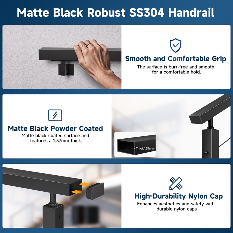 Gyykzz 4FT Black Handrail with POM Connector Block, 2 Pack