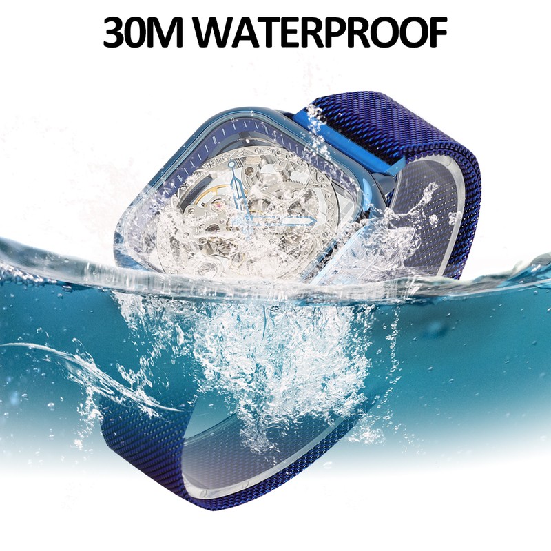 FORSINING Stainless Steel Strap Waterproof Hollow Automatic Mechanical Men WatchBlue