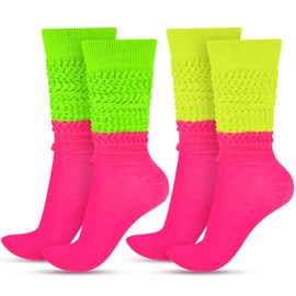JenPen 2 Pairs Neon Slouch Socks for Women 80s 90s Scrunch Socks Heavy Soft Extra Long Scrunchie Socks Size 9 to 10(Rose Red, Fluorescent Green, Fluorescent Yellow)