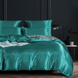 Damier Satin Bed Linen 135 x 200 cm Turquoise Grey Gloss Satin Reversible Bed Linen Smooth Shiny Silky Luxury Duvet Cover Set with Zip and Pillowcase 80 x 80 cm