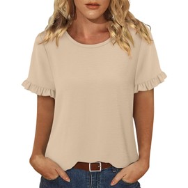 CRAZY GRID Women's Tops Summer Casual Ruffle Short Sleeves Knit Shirts Round Neck Tunic Top for Women 2025 Fashion Trend Apricot-S