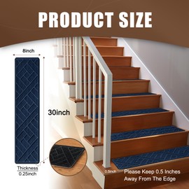 OXKVPVF Non-Slip Carpet Stair Treads for Indoor Wooden Steps, Made of Polyester and Reusable Adhesive, Suitable for Kids Elders and Pets of 15 Pack 8 "X 30" （Navy Lines）