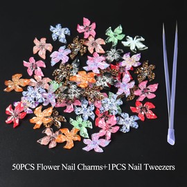 50PCS Flower Nail Art Charms,Kawaii 3D Resin Gradient Colorful Transparent Lily Nail Decoration with Multi-Use Tweezers,Spring Summer Floral Petals Nails Jewelry for Nail Design DIY Crafts Accessories