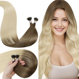 LaaVoo Nano Hair Extensions Human Hair Blonde Ombre Nano Beads Hair Extensions Real Human Hair Straight Pre Bonded Hair Extensions Light Brown to Blonde 14Inch 1g/s 50g