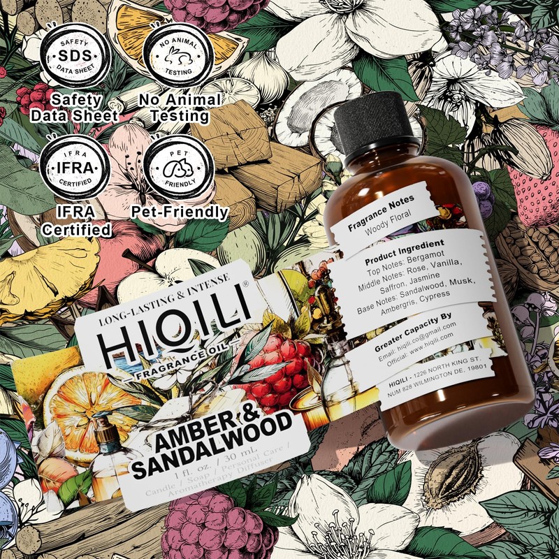 HIQILI Amber & Sandalwood Fragrance Oil for Diffuser, DIY Candle