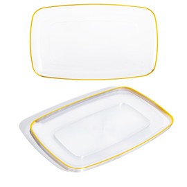 LCCFHTI Plastic Serving Trays,12-Pack 12.8 x 8.5 inch Clear and Gold Rim Heavy Duty Dessert Platters for Party, Wedding - Food, Cookies, Appeizer Tray