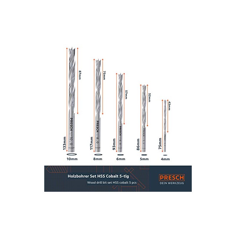 Presch Wood Drill Bit Set HSS Cobalt 5 Pieces -