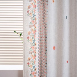 MYSKY HOME Boho Curtains for Bedroom 63 Inch Long Linen Look Semi Sheer Back Tab Drapes Flower Bohemian Style Texture Window Treatment for Living Room Decoration, 2 Pcs, Yellow, 50" Wide