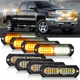 Afurkuot 8 PCS White & Amber Strobe Light Beacon Light Bars for Trucks, 23 Flashing Modes, 12-24V LED Grilled Light Emergency Hazard Warning Strobe Light for Trucks Cars Van Boat Snowplow