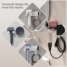 HAVICATO White Hair Dryer Holder, Wall-Mounted Blow Dryer Holder, Hair Dryer Organizer with Cable Storage, Hair Tool Holder for Bathroom Vanity, Aluminum&ABS