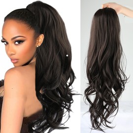 Long Wavy Brown Layered Drawstring Ponytail Extension for Black Women,Synthetic Curly Multi Layered Natural Brown Ponytail Hair Extension Clip in Wavy Ponytail Hair Piece Fit for Daily Party 26inch