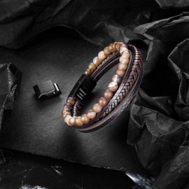 Murtoo Men's Leather Bracelet With Natural Stone Lava Onyx - Black Brown With Magnetic Clasp - Gift for Men (Braided Black With Agate, 7.5'')