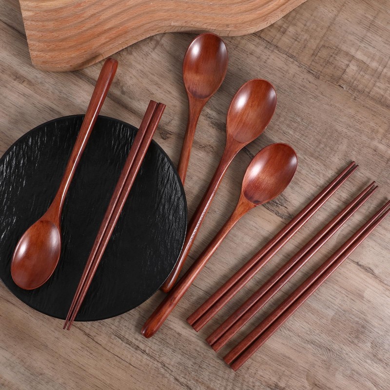 4 Pairs Chopsticks and 4 Spoons Set Wooden Chopsticks Spoon