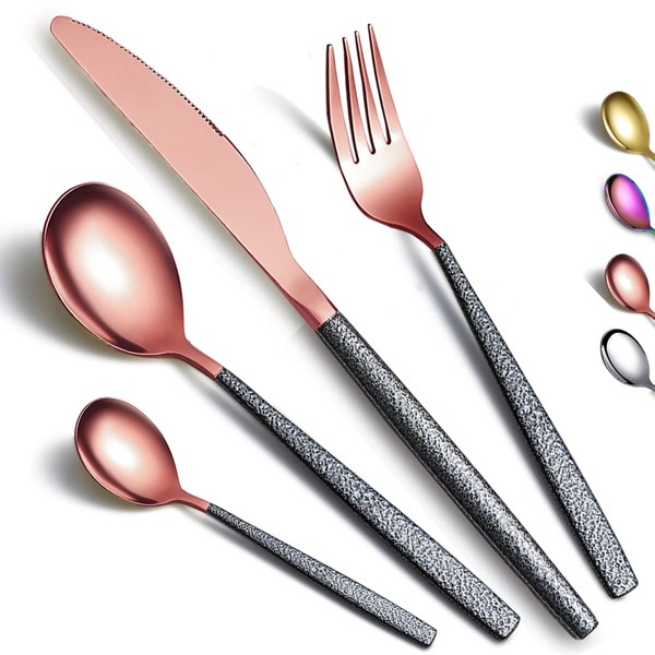 Kyraton Cutlery Set 16 Pieces with Moon Surface Black Handle and Shiny Rose Gold Mouth Titanium Coating Stainless Steel Modern Cutlery Set Utensils Set Service for 4