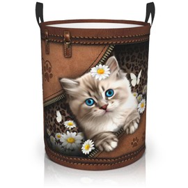 Cute Cat Laundry Basket Foldable Waterproof Oxford Cloth Daisy Flower Animal Cat Laundry Hamper Clothes Storage Bucket Toy Organizer For Bathroom Bedroom Storage Basket 16.5"x18.9"