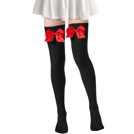 Women Thigh High Socks Extra Long Cute Knit Warm Thick Tall Long Boot Stockings Over the Knee Socks with Bow Leg Warmers