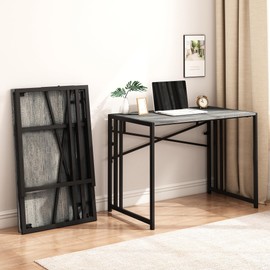 HOBINCHE 31 Inch Folding Small Computer Desk, Foldable Space-Saving Home Office Table, Simple Study Writing Gaming Workstation for Small Space, No Assembly Needed, Grey Oak