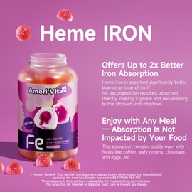 Ameri-Vita Heme Iron Supplement Gummies for Women Anemia Men with Vitamins C B12 B6 Folate Salmon Peptides Sugar-Free Non-Constipating Red Grape Flavor Women's Multivitamin with Gentle Iron 60 Count
