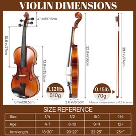 Kmise Violin 4/4 Full Set, High Density Ebony Violins, Glossy Acoustic Fiddle for Adults, Beginners, Students with Violin Case, Strings, Bow Kit, Shoulder Rest, Beginner's Guide (Tiger-Stripe, 4/4)
