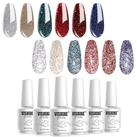 Vishine Reflective Shinny Glitter Gel Nail Polish, Explosion Diamond 6 Colors Charming Red, Brown,Blue, Noble Golden, Classic Sliver Holographic UV LED Soak Off Home Manicure Nail Art 8ml