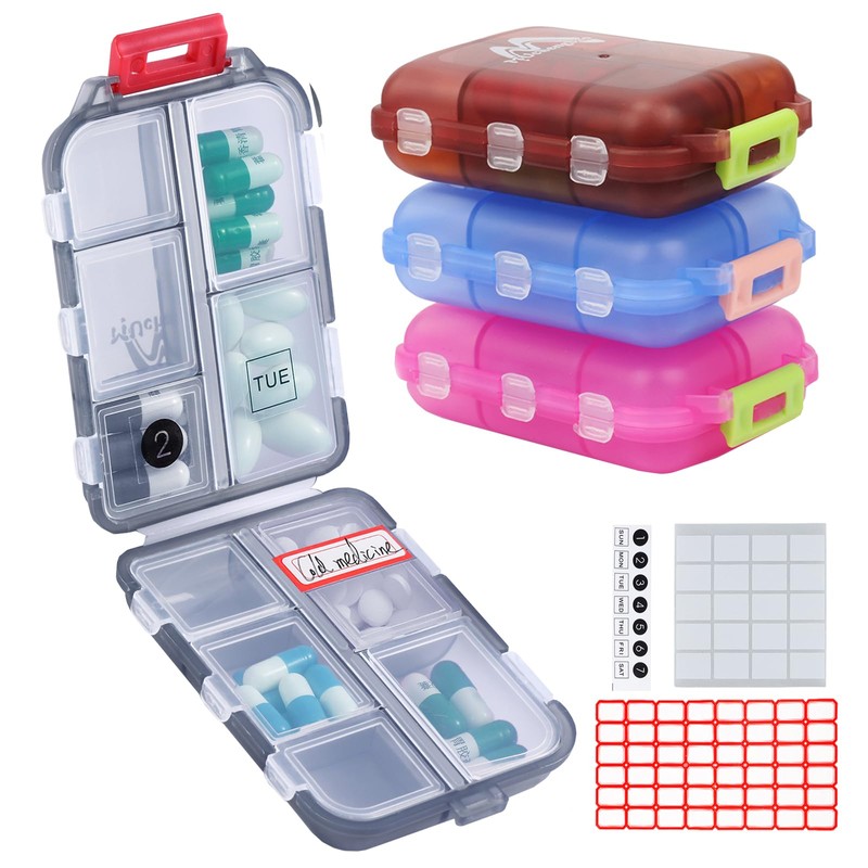 4PS Travel Pill Organizer with 164 Slice Labels，10 Compartments Travel