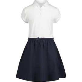 IZOD Girls' School Uniform Short Sleeve Polo Dress with Poplin Skirt & Pockets, White/Navy