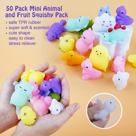 Mini Squishy Pack, Soft Mochi Squishy Toys, 50 Pack Moji Fidget Toys, Mini Kawaii Animal Squishies Party Bags Filler Stress Relief Toy for Children Adults Christmas Birthday Gift