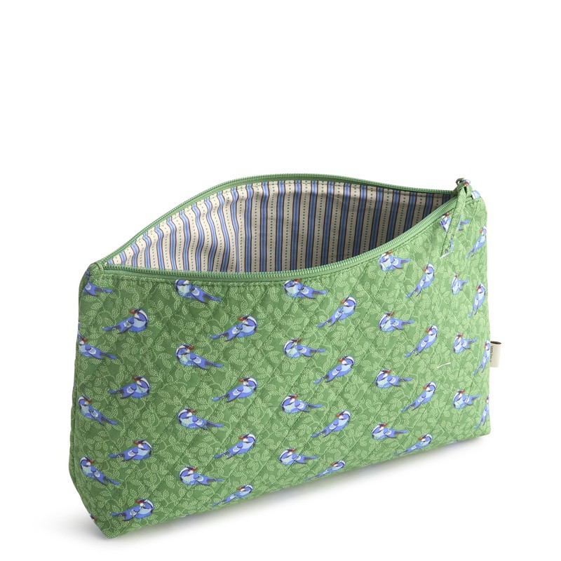 Premium Cotton Large Pouch, Green Birds, One Size