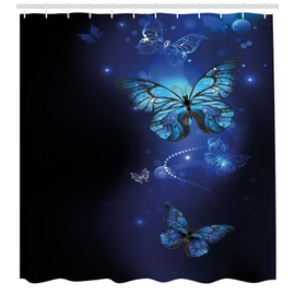 Ambesonne Azul Oscuro Cortina de Baño, Las Mariposas Monarca Motif, Paño Conjunto de Decoración de Baño de Tela y Ganchos, 75" Alto, Azul Gris Carbón