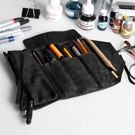 RHODIA TOUCH 116129C - 2-in-1 Black Roll Case Storage for Pencils, Brushes and Drawing Tools - Dimensions 32x23 cm - Removable Zipped Pouch - Strap Closure - Faux Leather