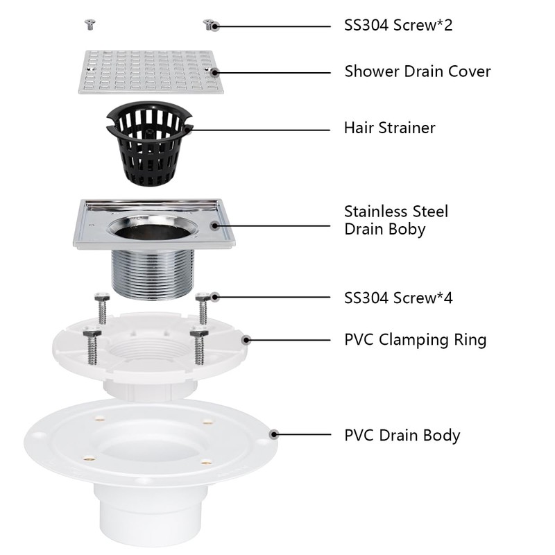 Uni-Green Chrome 4 Inch Square Shower Drain with PVC Flange