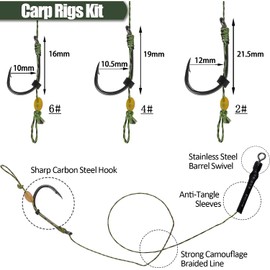 Carp Fishing Hair Rigs 18pcs High Carbon Steel Barbed Carp Hook Swivel Boilies Fishing Rigs, Boilies Bait Stopper Floating Ball Bead Fake Corn Needle Tool Kit Carp Fishing Tackle Accessories