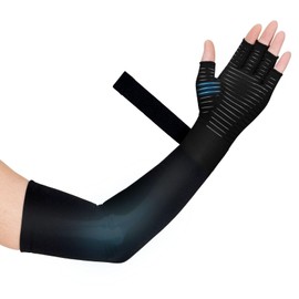 Zuscot Copper Long Compression Arthritis Glove with Wrist Strap (1 Pcs), 20-30 mmHg Lymphedema Compression Arm Sleeve with Gauntlet, Fingerless Graded Pressure Full Arm and Hand Support for Men Women