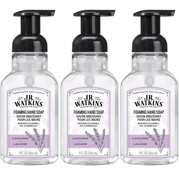 J.R. Watkins Foaming Hand Soap with Pump Dispenser, Moisturizing Foam Hand Wash, All Natural, Alcohol-Free, Cruelty-Free, USA Made, Lavender, 9 fl oz, 3 Pack