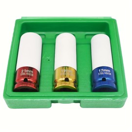 Steel Vision Tools 1/2" Drive Lug Nut Impact Socket Set, 3-Piece Metric (17mm, 19mm, 21mm), Cr-Mo Alloy, Color-Coded, Scratch-Resistant, Deep Well Design for Automotive, Tire & Wheel Maintenance