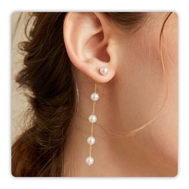Trinckle Pearl Earrings for Women, 14k Gold Pearl Drop Dangle Earrings White Adjustable Dainty Boho Pearl Tassel Earrings Statement Wedding Bridal Earrings as Birthday Jewelry Gifts for Teen Girls