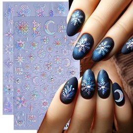 2 Sheets Glitter Shiny Christmas Nail Stickers for Nail Art 5D Embossed Snowflake Nail Art Stickers Self-Adhesive Laser Moon Christmas Tree Nail Decals Snowflake Diamond Nail Supplies for Women Girls
