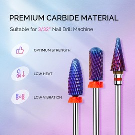 MelodySusie 3Pcs Nail Drill Bits Set, 3/32'' Carbide Tungsten Bits, Long Flame, Smooth Round Top Small Barrel and Tapered Nib Bits, Suitable for Manicure Pedicure Cuticle Gel Acrylic Remover, Purple