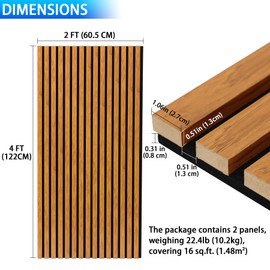 Taaizau 3D Slat Acoustic Wall Panels with Wood Finish Accent, 2 Pack Sound Absorbing Paneling for Studio, Office, Living Room, Bedroom Interior Decor (Natural Walnut, 48''L x 24''W)
