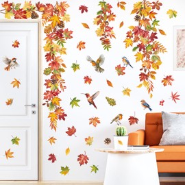 decalmile Autumn Maple Leaves Wall Decals Fall Hanging Vine Birds Wall Stickers Bedroom Living Room Sofa TV Background Wall Decor