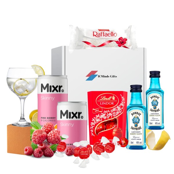 Gin gift set for womens mothers days gifts - valentines day gift - birthday gifts - gin and flavoured tonic water gift with lindt chocolates, ferrero rocher for gifts for women with (pink berry tonic)