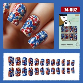 Independence Day Press on Nails 4th of July Fake Nails Medium Square Glue on Nails Red Blue Flower Stick on Nails Patriotic Decoration Glossy Acrylic Nails Full Cover Artificial False Nails for Women