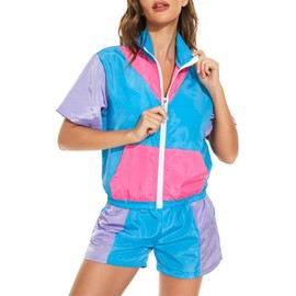 Womens Retro 80's 90's Costume 2 Piece Outfit Zip Front Jacket Windbreaker Tracksuit Themed Party Workout Set (Blue, L)