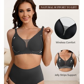 DEANGELMON Wireless Bras for Women Seamless Push Up Bralettes Scalloped V Neck Mesh Bra Tshirts Bra Comfort Everyday Bras(Black,S)