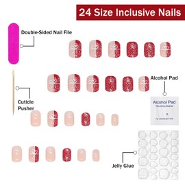 Christmas Press on Nails Short Square SWEKKE Fake Nails Red Glitter Full Cover Bow False Nails with Designs Glossy Glue on Nails Acrylic Press on Nails Artificial Nails for Women Girls 24Pcs