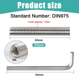 MIGUBIGU Pack of 20 Hollow Threaded Rods, Stainless Steel, M8 x 50 mm, Fully Threaded Rod M8 with Allen Key, DIN 975, Threaded Rod for Assembly of Furniture and Industrial Manufacturing