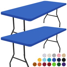 Smiry Rectangle Picnic Table Cloth 2 Pack, Waterproof Elastic Fitted Tablecloths for 6 Foot Tables, Washable Polyester Table Cover for Camping, Indoor and Outdoor (Blue, 30"x72")